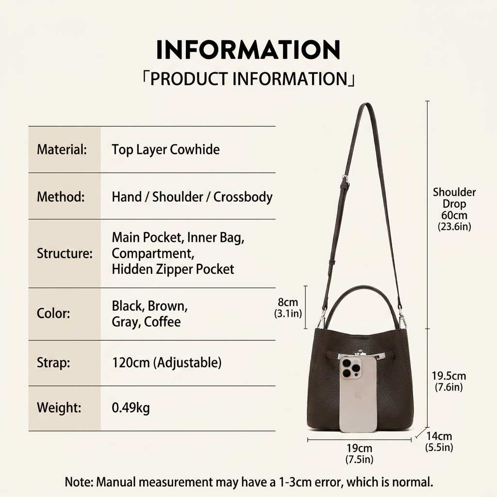 Support OEM/ODM Top-grain Cowhide Genuine Leather Lychee Texture Bucket Bags for Casual Shopping Bags